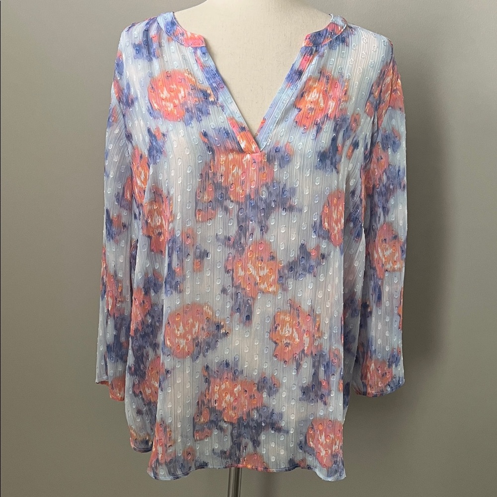 Chico’s Top Diffused Floral Lurex Stripe Sheer Burnout Pink and Blue- Size 1